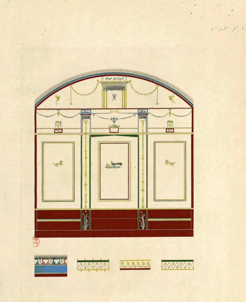 HGW24 Pompeii. Undated painting by Raoul Rochette of a wall in the first room of the baths’ area.
(Fontaine, room 3,2 in baths’ area).