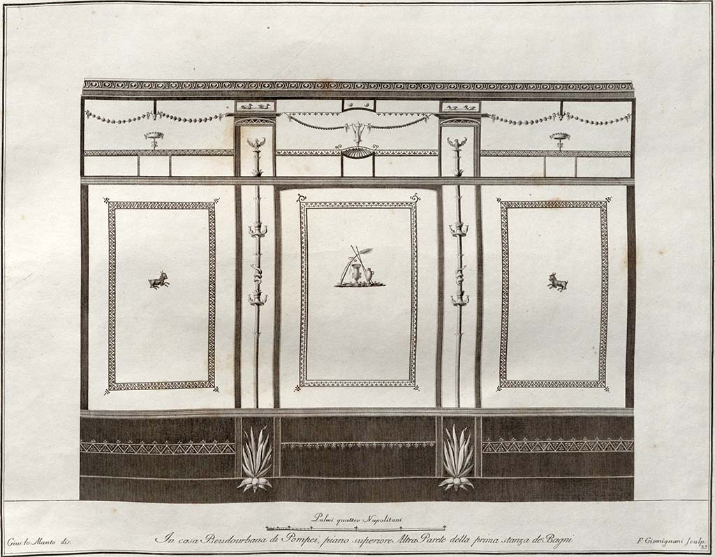 HGW24 Pompeii. Apodyterium (first room) of the Baths’ area. Drawing by Giuseppe Chiantarelli of the long walls of the room.
See also Gli Ornati delle Pareti ed I Pavimenti delle Stanze dell’Antica Pompei, 1838, (No.35)
(Villa Diomedes Project – area 9).
(Fontaine, room 3,2 in baths’ area).