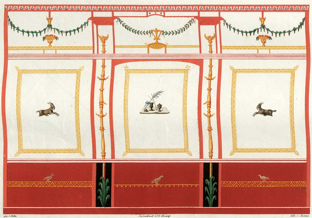 HGW24 Pompeii. Undated painting by Zahn, of west or east (long) wall of apodyterium or changing room (or frigidarium) in baths complex, described as “there the cornice, formed by painted stucco, was conserved.”
See Zahn, W., 1828. Die schönsten Ornamente und merkwürdigsten Gemälde aus Pompeji, Herkulanum und Stabiae: I. Berlin: Reimer, taf. 59.
(Villa Diomedes Project – area 9).
(Fontaine, room 3,2 in baths’ area).