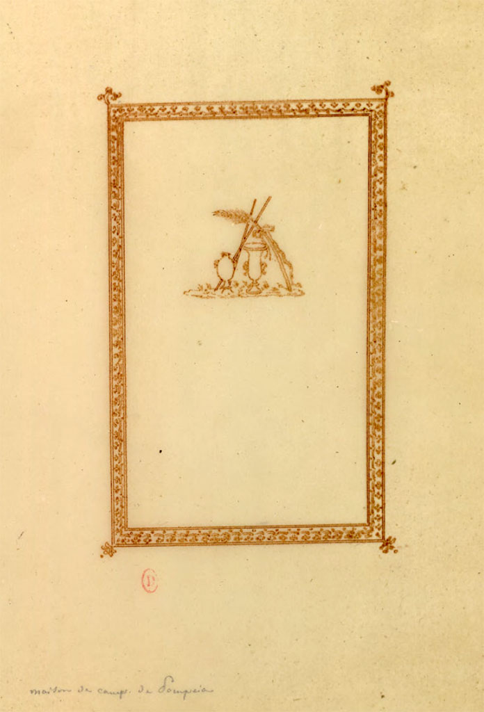 HGW24 Pompeii. Mai 1823? 
Sketch by Chenavard, showing detail from the central panel of the wall in the of apodyterium or changing room (or frigidarium) in baths complex.
See Chenavard, Antoine-Marie (1787-1883) et al. Voyage d'Italie, croquis Tome 3, pl. 114.
INHA Identifiant numérique : NUM MS 703 (3). See Book on INHA 
Document placé sous « Licence Ouverte / Open Licence » Etalab   
(Fontaine, room 3,2 in baths’ area).