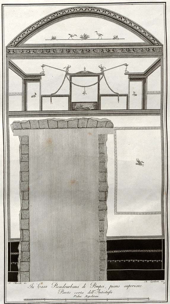 HGW24 Pompeii. 
Looking towards north (short) wall of tepidarium, with doorway to apodyterium, on upper floor.
See Gli Ornati delle Pareti ed I Pavimenti delle Stanze dell’Antica Pompei, 1838, (No.16)
(Villa Diomedes Project – area 10 with doorway to area 9). 
(Fontaine, room 3,3).