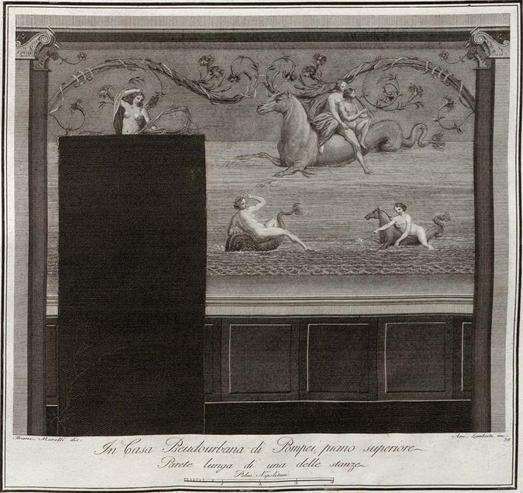 HGW24 Pompeii. Engraving with Nereids and Seahorses from room on upper floor.
See Gli Ornati delle Pareti ed I Pavimenti delle Stanze dell’Antica Pompei, 1838, (No.36)
(Villa Diomedes Project – area 14.)
(Fontaine, room 2,13).