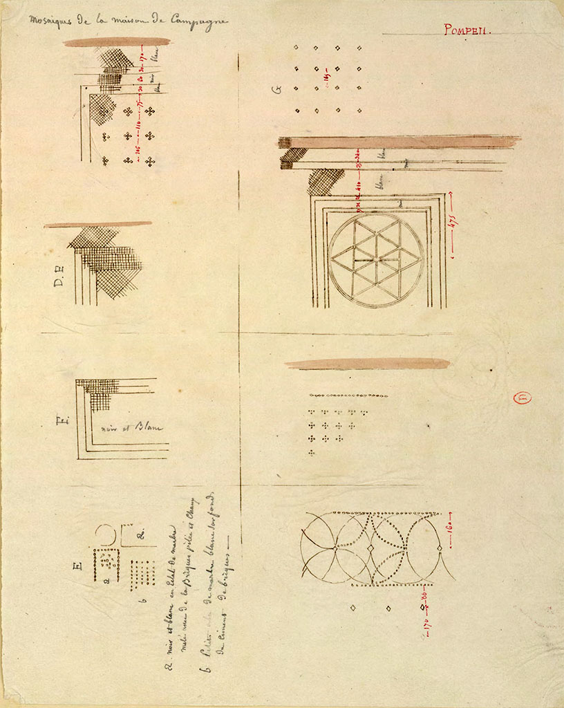 HGW24 Pompeii. May 1823. Sketches by Chenavard, described as Mosaïques de la maison de Campagne, Pompeii.
According to the Villa Diomedes Project, the mosaic on the top right is from a room on south side of upper peristyle.
(Villa Diomedes Project – area 14.)
(Fontaine, room 2,13).
Annotations par Chenavard : "a : noir et blanc en éclat de marbre mêlé avec de la brique pilée et chaux; b : petits cubes de marbre blanc sur fond de ciment et briques".
Relevé reproduit et annoté de pavements en mosaïque de la Villa di Diomède.
See Chenavard, Antoine-Marie (1787-1883) et al. Voyage d'Italie, croquis Tome 3, pl. 100.
INHA identifiant numérique : NUM MS 703 (3). See Book on INHA 
Document placé sous « Licence Ouverte / Open Licence » Etalab
And see Villa Diomedes Project, Image database, http://villadiomede.huma-num.fr/bdd/images/20129