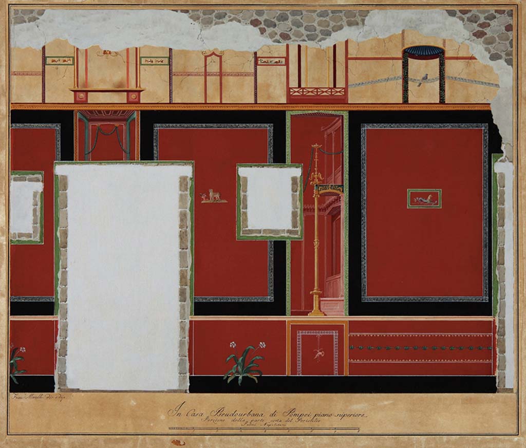HGW24 Pompeii. Short (south) wall of peristyle on upper floor, with doorway and window to antechamber. Drawing by Francesco Morelli, ADS 1129.
(Villa Diomedes Project – area 2, wall of south portico, with doorway and windows to area 16.) 
(Fontaine, room 2,10).
Photo © ICCD. http://www.catalogo.beniculturali.it
Utilizzabili alle condizioni della licenza Attribuzione - Non commerciale - Condividi allo stesso modo 2.5 Italia (CC BY-NC-SA 2.5 IT)