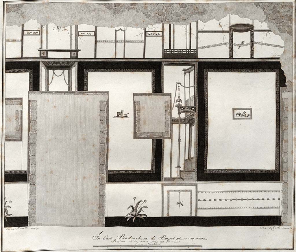 HGW24 Pompeii. Drawing by Francesco Morelli. Engraved by Zaballi. 
Portion of a short wall in the peristyle of the upper floor, with doorway and window into antechamber.
Note the horn and the animal between the door and window face the opposite direction from the painting ADS 1129 above.
See Gli Ornati delle Pareti ed I Pavimenti delle Stanze dell’Antica Pompei, 1838, (No.31)
(Villa Diomedes Project – area 2, wall of south portico, with doorway and windows to area 16.) 
(Fontaine, room 2,10).