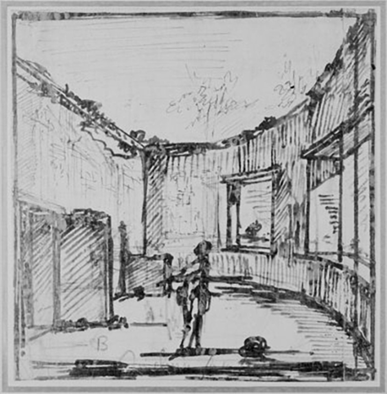 HGW24 Pompeii. 
Sketch by Giovanni Battista Piranesi, showing main semi-circular bedroom, described as “Study of a Ruined Building”. 
The semi-circular room with an apse with three windows built out into a garden, one window facing west, south and east.
(Fontaine, room 2,12).
Photo © Ashmolean Museum, University of Oxford. Accession Number WA1942.92.
Brush and pen in black ink over black chalk on white paper.