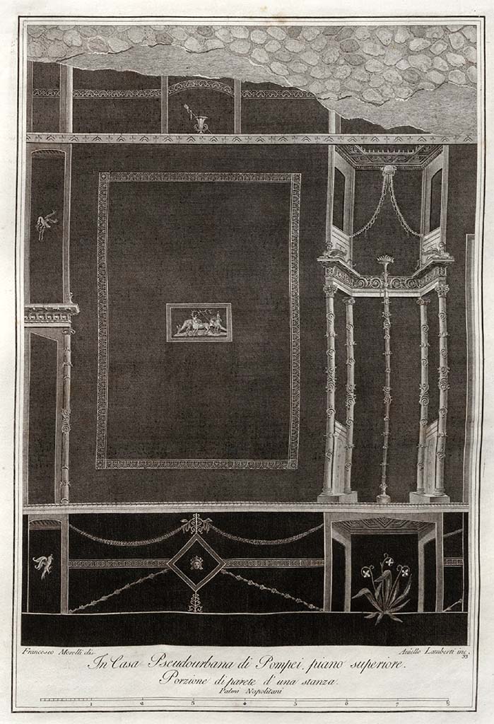 HGW24 Pompeii. Pre- 1838. Portion of the south wall of a room on the upper floor. 
Drawing by Francesco Morelli, engraved by Aniello Lamberti.
See Gli Ornati delle Pareti ed I Pavimenti delle Stanze dell’Antica Pompei, 1838, (No. 33).
(Villa Diomedes Project – area 16.)  
(Fontaine 2.10).