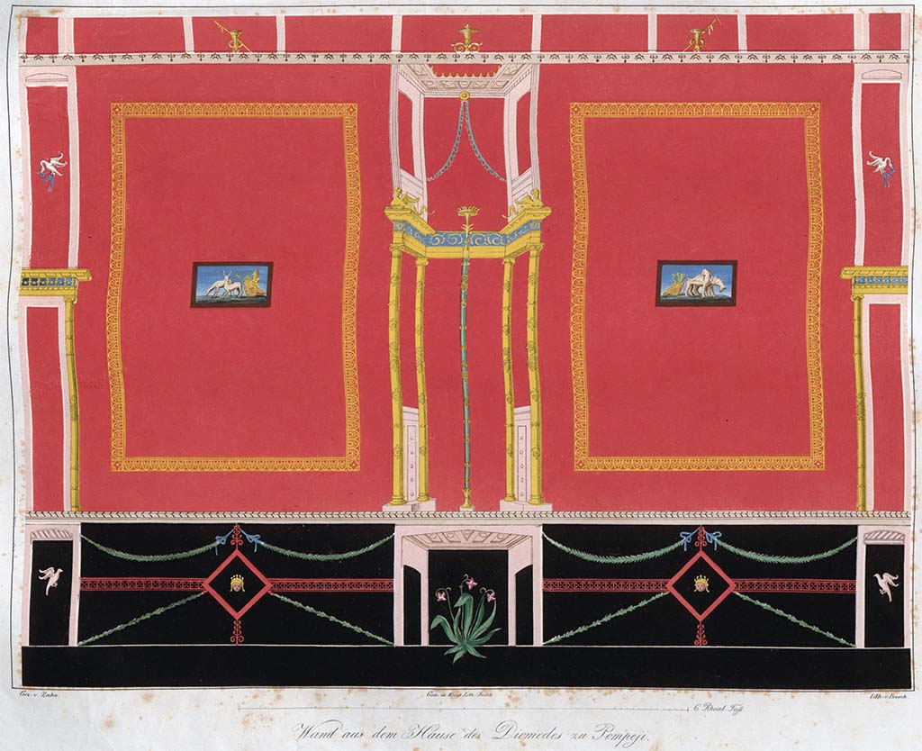 HGW24 Pompeii. Pastiche of the wall decoration in the room with the central vignettes, from the south and east walls. 
See Zahn, W., 1828. Die schönsten Ornamente und merkwürdigsten Gemälde aus Pompeji, Herkulanum und Stabiae: I. Berlin: Reimer, pl. 39.
(Villa Diomedes Project – area 16.)  
(Fontaine, room 2,10).