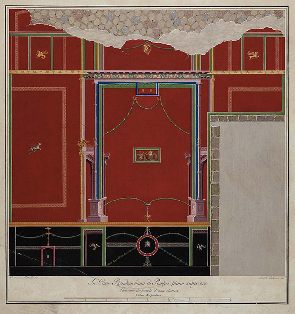 HGW24 Pompeii. East wall of antechamber on upper floor, with doorway to small room. 
Painting by Francesco Morelli. Engraved by Aniello Cateneo. 
Now in Naples Archaeological Museum. Inventory number ADS 1141.
Photo © ICCD. http://www.catalogo.beniculturali.it
Utilizzabili alle condizioni della licenza Attribuzione - Non commerciale - Condividi allo stesso modo 2.5 Italia (CC BY-NC-SA 2.5 IT)
(Villa Diomedes Project – area 16.)  
(Fontaine 2.10).