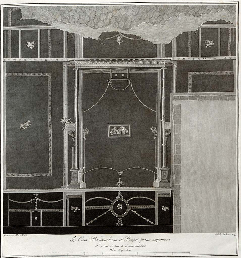 HGW24 Pompeii. East wall with panel showing chariot with the symbols of Apollo (Cithar and tripod) and drawn by griffins. 
See Gli Ornati delle Pareti ed I Pavimenti delle Stanze dell’Antica Pompei, 1838, (No.12)
(Villa Diomedes Project – area 16.)  
(Fontaine 2.10).
