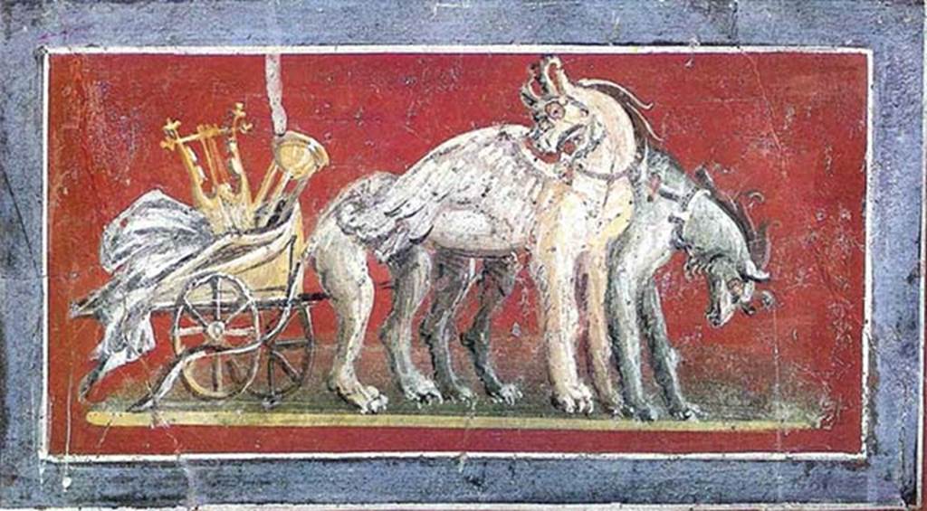 HGW24 Pompeii. Chariot with the symbols of Apollo (Cithar and tripod) and drawn by griffins from the middle of a panel on the east wall.
See Helbig, W., 1868. Wandgemälde der vom Vesuv verschütteten Städte Campaniens. Leipzig: Breitkopf und Härtel. (197 (and 196)).
(Fontaine 2.10).
Now in The Louvre. Inventory number P15.