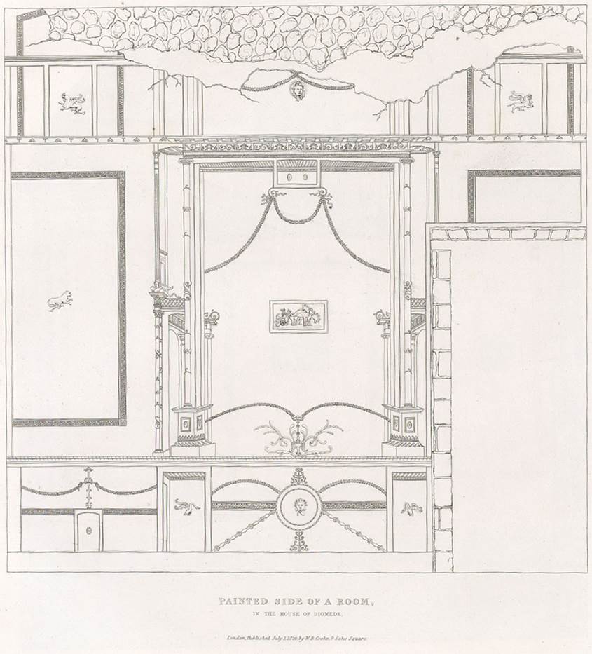 Villa of Diomedes. 1826 drawing of painted side of a room in the villa.
See Cooke, Cockburn and Donaldson, 1827. Pompeii Illustrated: Vol. 2. London: Cooke, pl. 47 or 49.