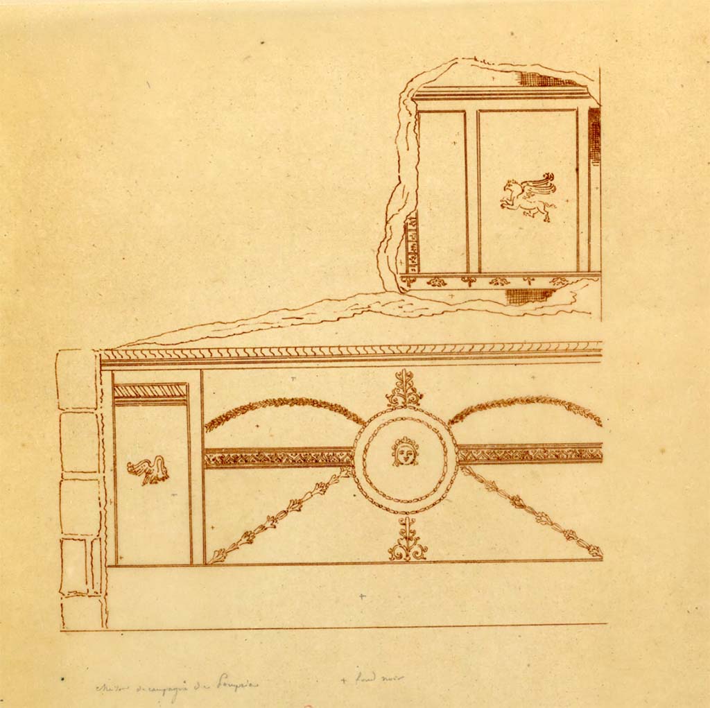 HGW24 Pompeii. Mai 1823? Sketch by Chenavard of details of zoccolo/dado with a black background, and upper area of wall in antechamber.
See Chenavard, Antoine-Marie (1787-1883) et al. Voyage d'Italie, croquis Tome 3, pl. 114.
INHA Identifiant numérique : NUM MS 703 (3). See Book on INHA 
Document placé sous « Licence Ouverte / Open Licence » Etalab   
(Fontaine’s room 2,10.)