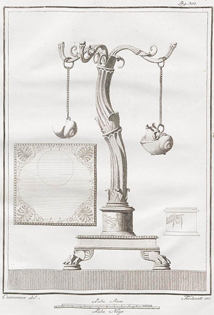 HGW24 Pompeii. Lamp-stand with a square base, standing on lion’s feet. It was decorated with a floral design and at the side with a garland and two bovine skulls. Rising from it was a twisted stem representing a plant stem with three flower branches spreading out at the top. From these hung two lamps in the form of snails. In one of these the snail was partly out of its shell. In the other the snail was entirely inside.  
See Antichità di Ercolano: Tomo Ottavo: Lucerne, Lanterne, Candelabri, 1792, Tav LXV, p. 301.
(Fontaine, steps to lower floor from north-east corner of front courtyard portico.