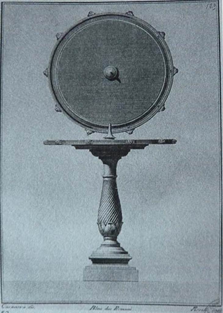 HGW24 Pompeii. Found 21st February 1771. Circular table used as a fountain 
Now in Naples Archaeological Museum. Inventory number 73019.
See Pagano, M. and Prisciandaro, R., 2006. Studio sulle provenienze degli oggetti rinvenuti negli scavi borbonici del regno di Napoli. Naples: Nicola Longobardi, p. 336, Rami Inediti 53.