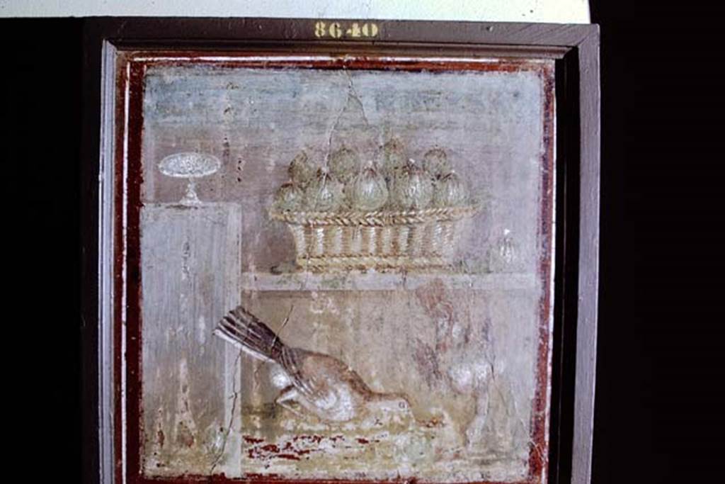 HGW24 Pompeii. Pompeii, 1968. Painting of basket of figs with two dead birds, found 9th March 1771.  Photo by Stanley A. Jashemski.
Source: The Wilhelmina and Stanley A. Jashemski archive in the University of Maryland Library, Special Collections (See collection page) and made available under the Creative Commons Attribution-Non Commercial License v.4. See Licence and use details.
J68f0788
Now in Naples Archaeological Museum. Inventory number 8640.
(according to Fontaine, found in room 4,2 the tablinum).