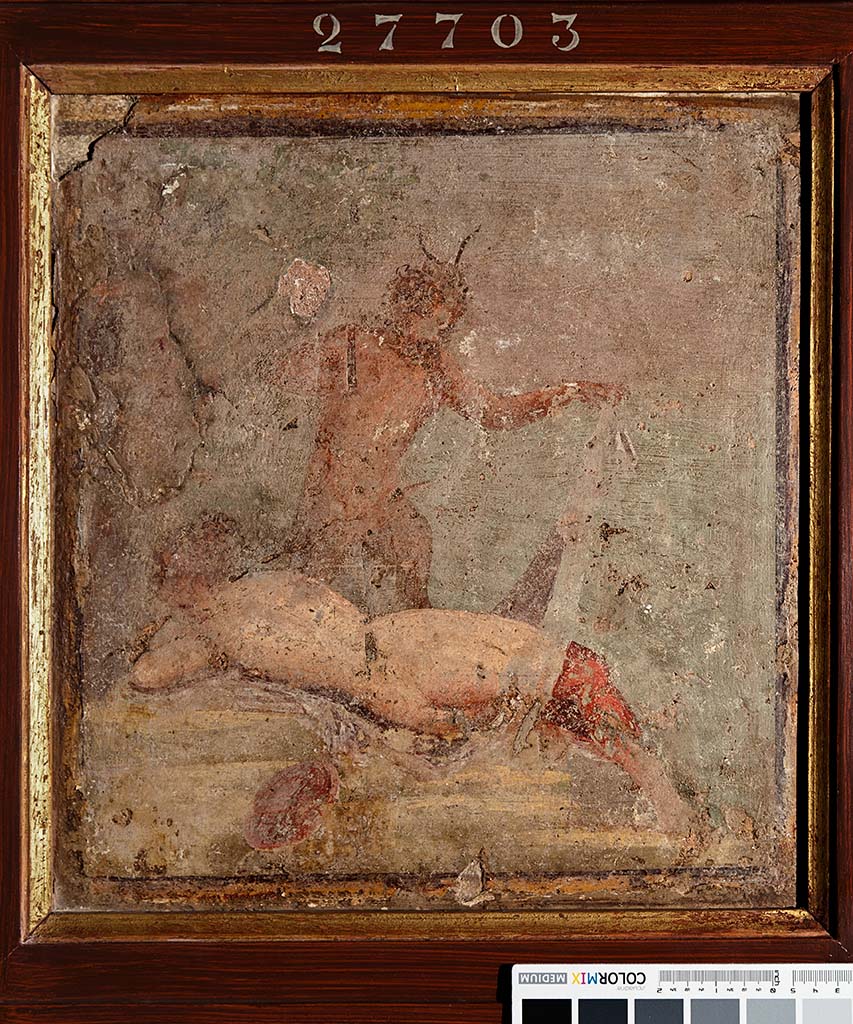 HGW24 Pompeii. 2013. Bacchante lying down being uncovered by a Satyr, by lifting her cloth, which partly covered her.
Now in Naples Archaeological Museum. Inventory number 27703.
Photo by Thomas Crognier, ©Villa Diomedes Project, base de données Images, http://villadiomede.huma-num.fr/bdd/images/571