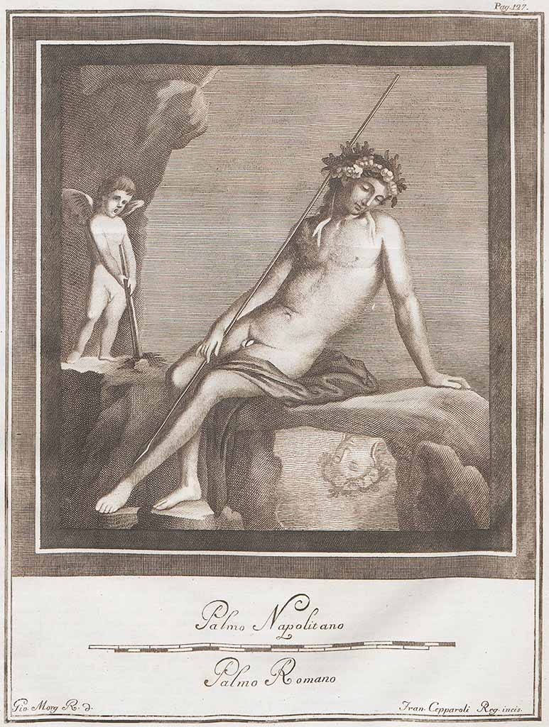 HGW24 Pompeii. Narcissus admiring his own face in the water.
See Le antichita di Ercolano esposte Tomo 7, Le Pitture Antiche di Ercolano 5, 1775. (p.125-128, no. 28).