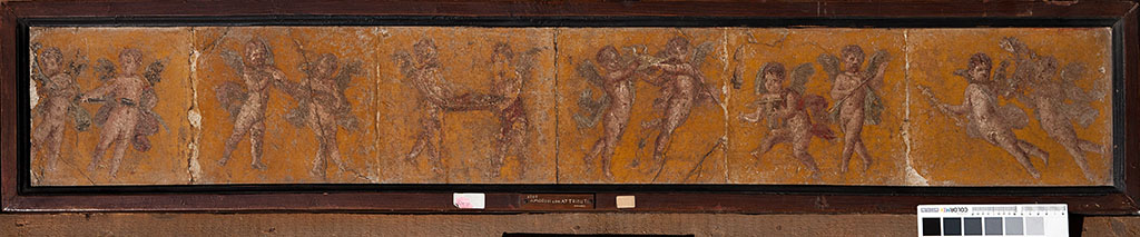 HGW24 Pompeii. Cupid fresco showing six cupid panels in which each pair is carrying an attribute of a god.
Now in Naples Archaeological Museum. Inventory number 9203.
Photo by Thomas Crognier, ©Villa Diomedes Project, base de données Images, http://villadiomede.huma-num.fr/bdd/images/577