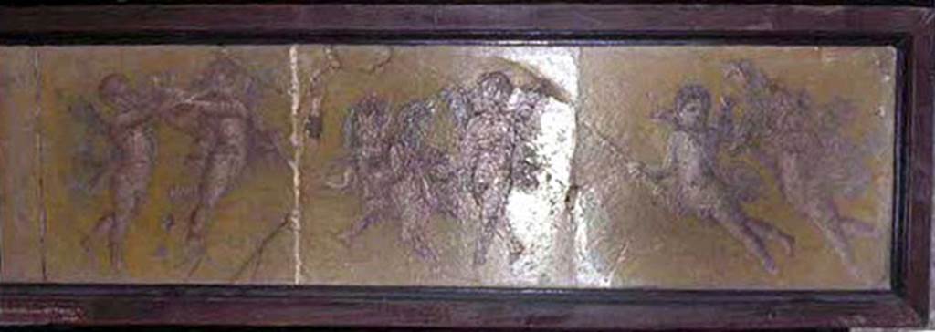 HGW24 Pompeii. Right hand half of cupids fresco showing three cupid panels in which each pair is carrying an attribute of a god..
Now in Naples Archaeological Museum. Inventory number 9203.