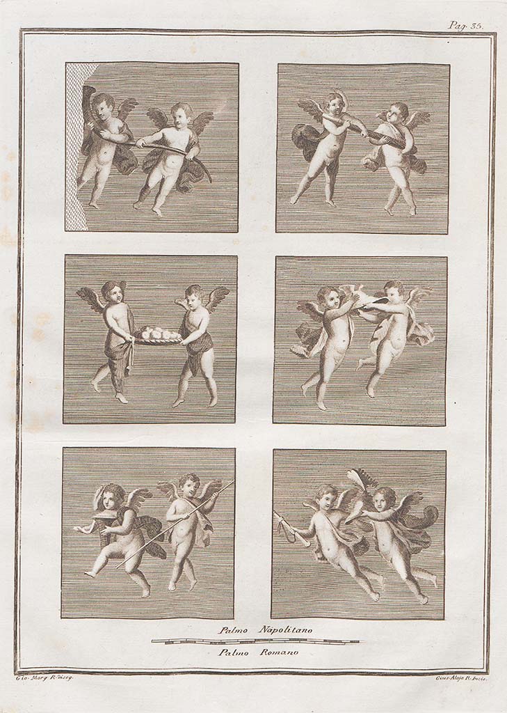 HGW24 Pompeii. All 6 pieces were found painted on the yellow walls in the same room.
Two cupids in each, in the act of flying and carrying various things in their hands, ie. a bird, a thyrsus/rod, a cornucopia, a basket of fruit, etc, possibly attributes of a god. 
See Le antichita di Ercolano esposte Tomo 7, Le Pitture Antiche di Ercolano 5, 1779. (p.35, Tav. VII). 
(According to Pagano & Prisciandaro: NAP 9203.)
Now in Naples Archaeological Museum. Inventory number 9203.