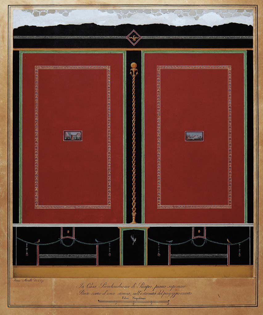 HGW24 Pompeii. Drawing by Francesco Morelli, showing “Upper floor, short wall of a room, at the end of the covered passageway.”
Now in Naples Archaeological Museum. Inventory number ADS 1135 
(According to Fontaine, this showed the north or east wall of the exedra, 4,4.)
(Villa Diomedes Project – area 36).
Photo © ICCD. https://www.catalogo.beniculturali.it
Utilizzabili alle condizioni della licenza Attribuzione - Non commerciale - Condividi allo stesso modo 2.5 Italia (CC BY-NC-SA 2.5 IT)