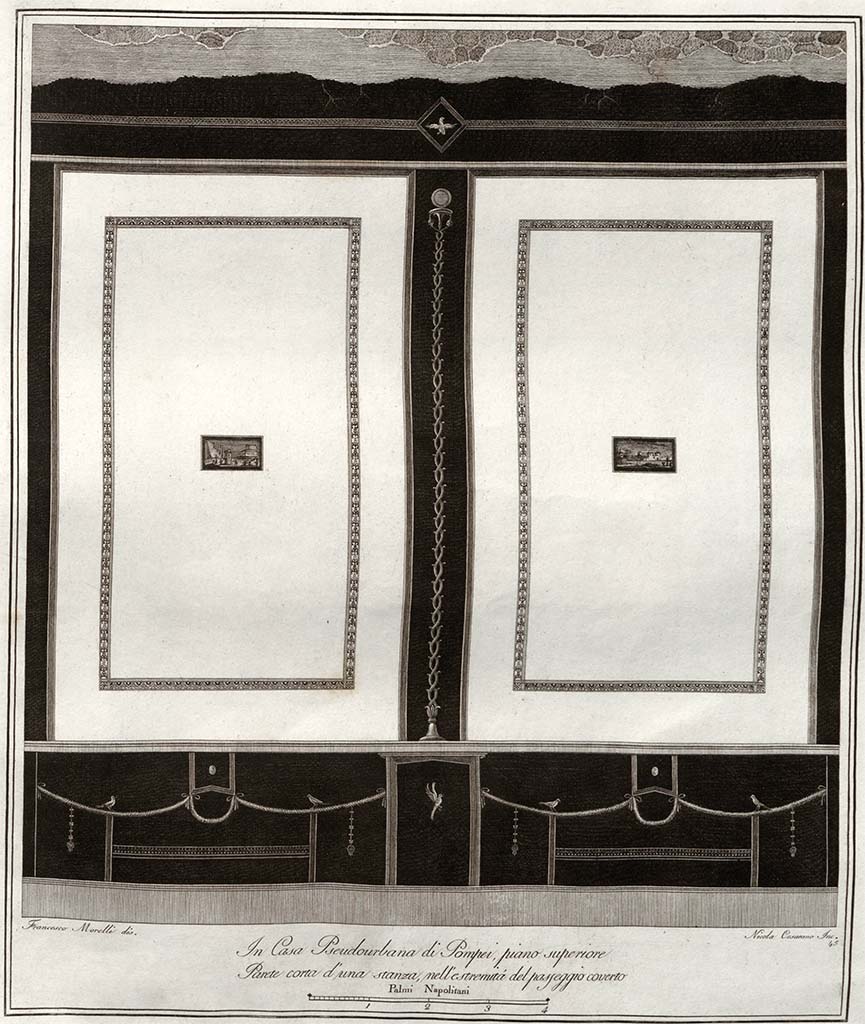 HGW24 Pompeii. Drawing by Francesco Morelli, incised by Cesarano.
“Parete di un stanza sita alla estremita del passagio coverto nel piano superiore”.
See Gli Ornati delle Pareti ed I Pavimenti delle Stanze dell’Antica Pompei, 1838, (No.45).
(Villa Diomedes Project – area 36).
(Fontaine, exedra 4,4, north or east wall),