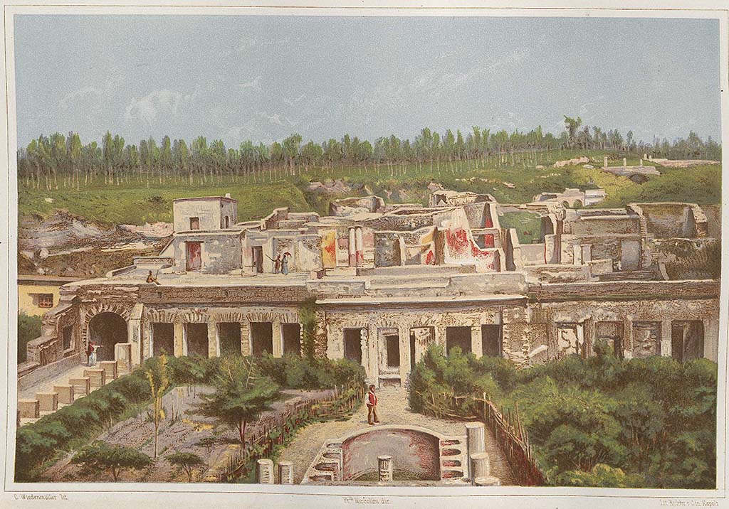 HGW24 Pompeii. 1862 painting of villa. In the centre, on the upper floor, would have been the large exedra.
See Niccolini F, 1862. Le case ed i monumenti di Pompei: Volume Secondo. Napoli. Tavolo VII.