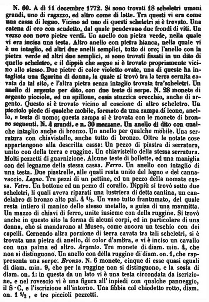 From PAH addendum, p.159 - 12 Decembre 1772 – Cripto-portico intorno il giardino nella medesima casa. Diciotto scheletri, oltre due altri di fanciulli, trovati nel cripto-portico; no.60 pianta di La Vega. 
Poggia di cenere con acqua, che si scorge esservi corsa. Impressioni lasciate nel terreno. Capelli ed abiti de’suddetti scheletri. Spiragli intorno il cripto-portico, per la ventilazione e la luce.