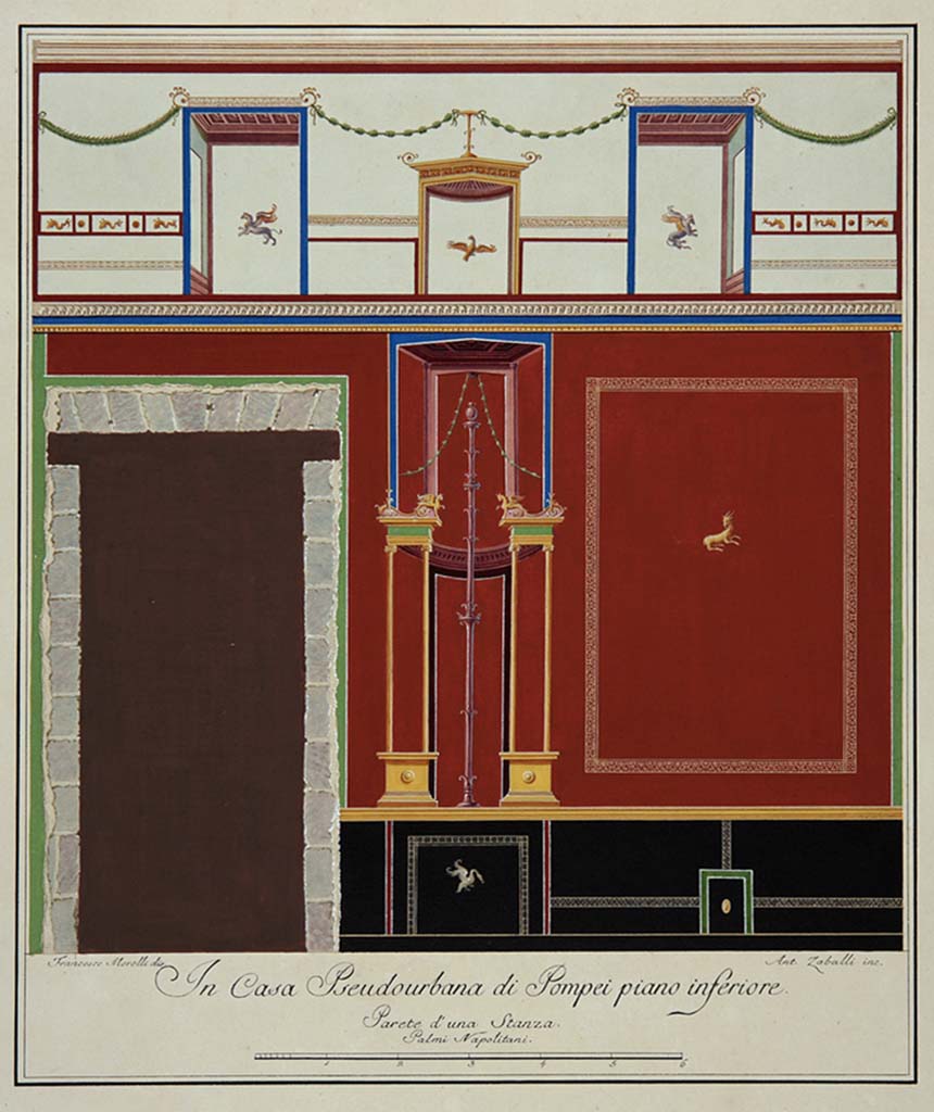 HGW24 Pompeii. Drawing by Francesco Morelli showing the north (short) wall of room with No.26 on the plan by La Vega. 
Engraved by Ant. Zaballi.
Now in Naples Archaeological Museum. Inventory number ADS1159. 
See also Gli Ornati delle Pareti ed I Pavimenti delle Stanze dell’Antica Pompei, 1838, (No.17).
(Villa Diomedes Project – area 61).
(Fontaine, room 5,13).
Photo © ICCD. https://www.catalogo.beniculturali.it
Utilizzabili alle condizioni della licenza Attribuzione - Non commerciale - Condividi allo stesso modo 2.5 Italia (CC BY-NC-SA 2.5 IT)