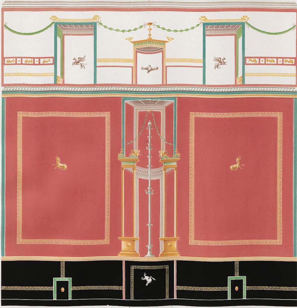 HGW24 Pompeii. South wall of one of the richly decorated rooms on the east side of the garden.
See Zahn, W., 1852. Die schönsten Ornamente und merkwürdigsten Gemälde aus Pompeji, Herkulanum und Stabiae: III. Berlin: Reimer, Taf. 97.
(Villa Diomedes Project – area 61).
(Fontaine, room 5,13).