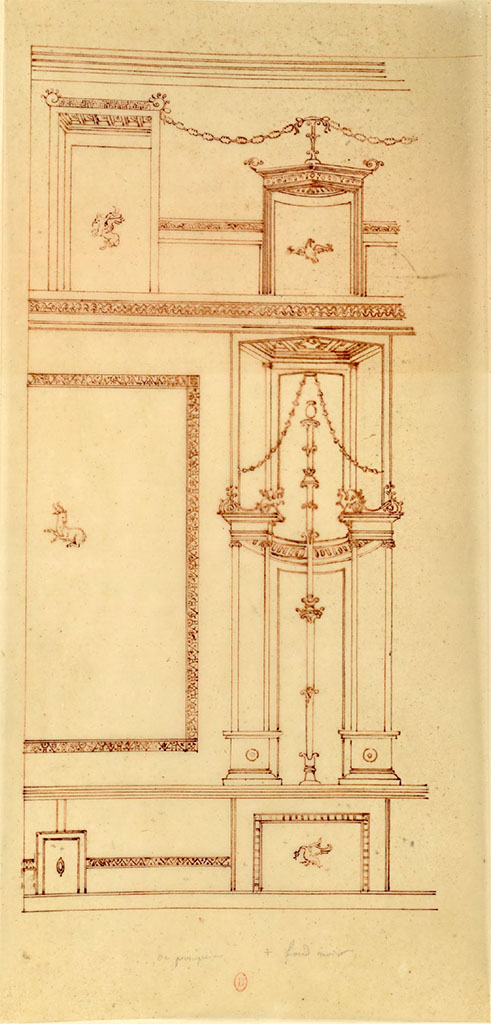 HGW24 Pompeii. Mai 1823? Sketch by Chenavard of detail of wall decoration, described as with a black background (zoccolo/dado).
See Chenavard, Antoine-Marie (1787-1883) et al. Voyage d'Italie, croquis Tome 3, pl. 93.
INHA Identifiant numérique : NUM MS 703 (3). See Book on INHA 
Document placé sous « Licence Ouverte / Open Licence » Etalab   
(Fontaine, room 5,13).