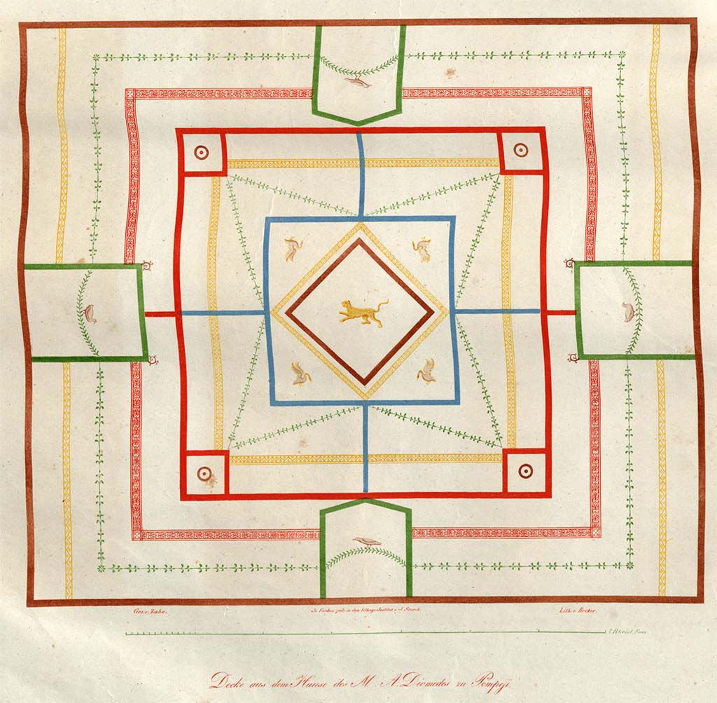 HGW24 Pompeii. Drawing by Zahn, of ceiling decoration in one of the rooms on the lower floor.
See Zahn, W., 1828. Die schönsten Ornamente und merkwürdigsten Gemälde aus Pompeji, Herkulanum und Stabiae: I. Berlin: Reimer, taf. 27.
(Fontaine, room 5,13).
