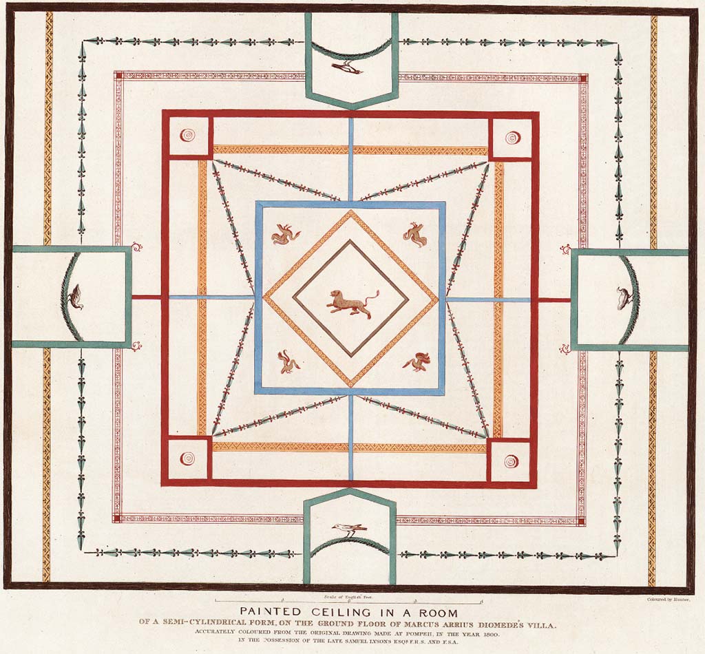 HGW24 Pompeii. Painting of painted ceiling in a room of a semi-cylindrical form, on the ground floor of the villa.
The note on the bottom says “Accurately coloured from the original drawing made at Pompeii in the year 1800 in the possession of the late Samuel Lysons Esq, F.R.S and F.S.A.”
See Cooke, Cockburn and Donaldson, 1827. Pompeii Illustrated: Vol. 2. London: Cooke, pl. 51.