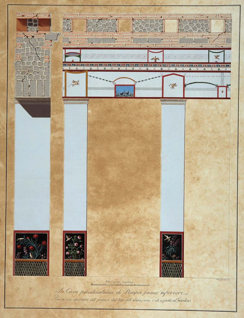 HGW24 Pompeii. Drawing by Giuseppe Chiantarelli showing internal wall of the portico looking onto the garden.
Also shown is a section of one of the corner pilasters, above which are shown the particular construction of the sloping roof pilasters.  
Now in Naples Archaeological Museum. Inventory number ADS1172. 
Photo © ICCD. https://www.catalogo.beniculturali.it
Utilizzabili alle condizioni della licenza Attribuzione - Non commerciale - Condividi allo stesso modo 2.5 Italia (CC BY-NC-SA 2.5 IT)