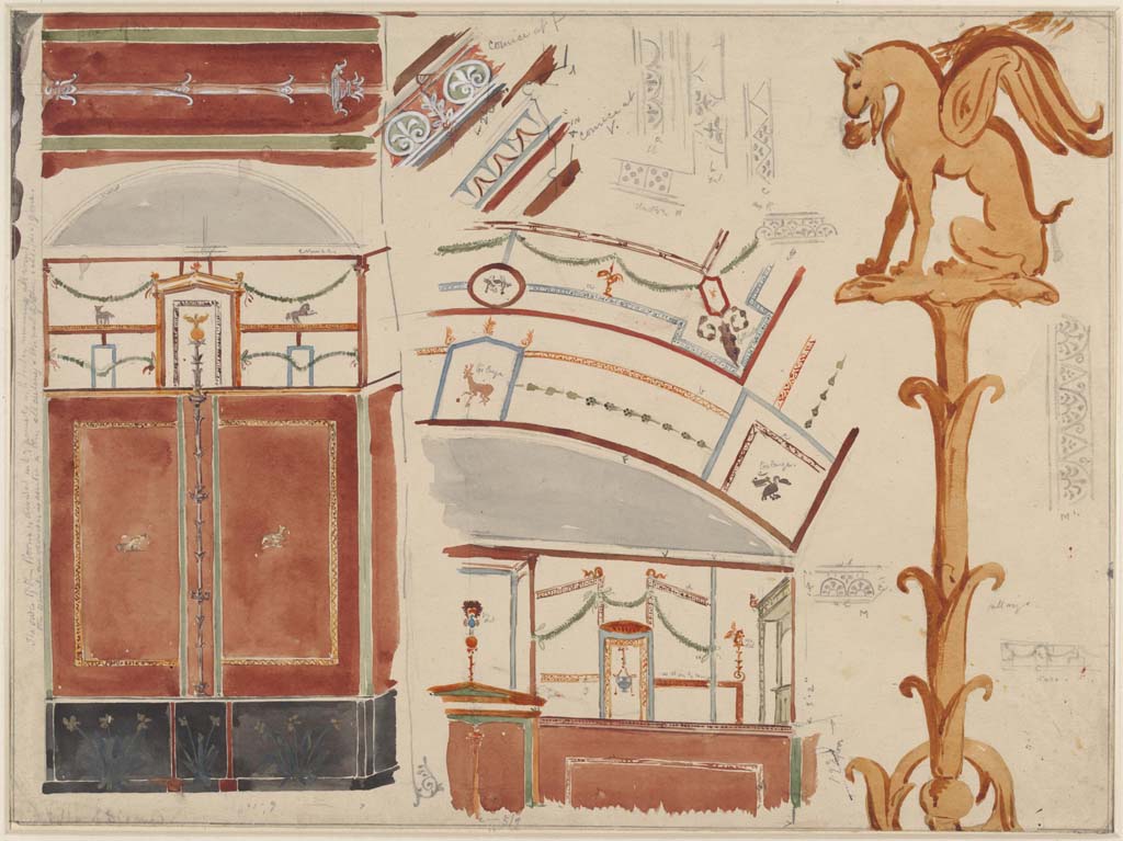 HGW24 Pompeii. c.1870’s. Painting by Sydney Vacher. 
On the right of the above painting would seem to show details from room 5,10 above.
On the left would be the east vaulted wall (of room 5,8?). 
Photo © Victoria and Albert Museum, inventory number E.4404-1910. 
(Fontaine, room 5,8? and 5,10).