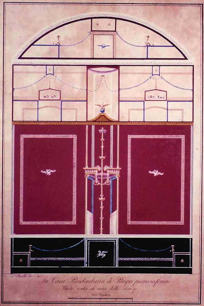 HGW24 Pompeii. Drawing by Francesco Morelli showing east (short) wall of one of the rooms. 
Engraved by Cesarano.
See Gli Ornati delle Pareti ed I Pavimenti delle Stanze dell’Antica Pompei, 1838, (No.44).
(Villa Diomedes Project – area 55). 
(Fontaine, room 5,9).