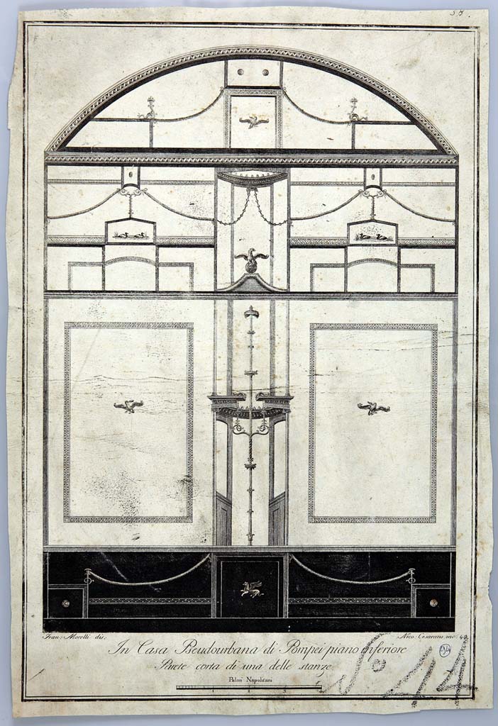 HGW24 Pompeii. Drawing by Francesco Morelli showing east (short) wall of one of the rooms. 
Engraved by Nico Cesarano.  Now in Naples Archaeological Museum. Inventory number ADS1177.
See Gli Ornati delle Pareti ed I Pavimenti delle Stanze dell’Antica Pompei, 1838, (No.44).
(Fontaine, room 5,9).
Photo © ICCD. http://www.catalogo.beniculturali.it
Utilizzabili alle condizioni della licenza Attribuzione - Non commerciale - Condividi allo stesso modo 2.5 Italia (CC BY-NC-SA 2.5 IT)
