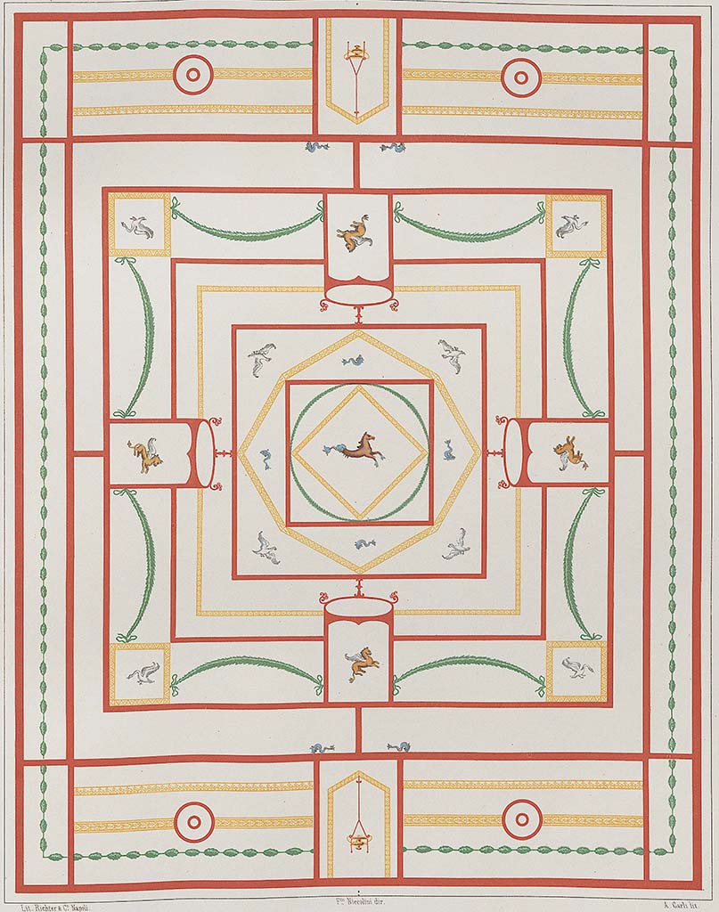 HGW24 Pompeii. 1862 painting of ceiling from lower floor room. 
See Niccolini F, 1862. Le case ed i monumenti di Pompei: Volume Secondo. Napoli. Tavolo II.