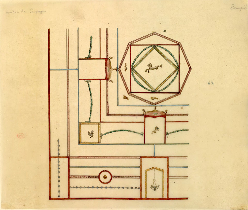 HGW24 Pompeii. Watercolour sketch by Chenavard of part of one of the ceilings of one of the rooms on the lower floor.
See Chenavard, Antoine-Marie (1787-1883) et al. Voyage d'Italie, croquis Tome 3, pl. 110.
INHA Identifiant numérique : NUM MS 703 (3). See Book on INHA 
Document placé sous « Licence Ouverte / Open Licence » Etalab