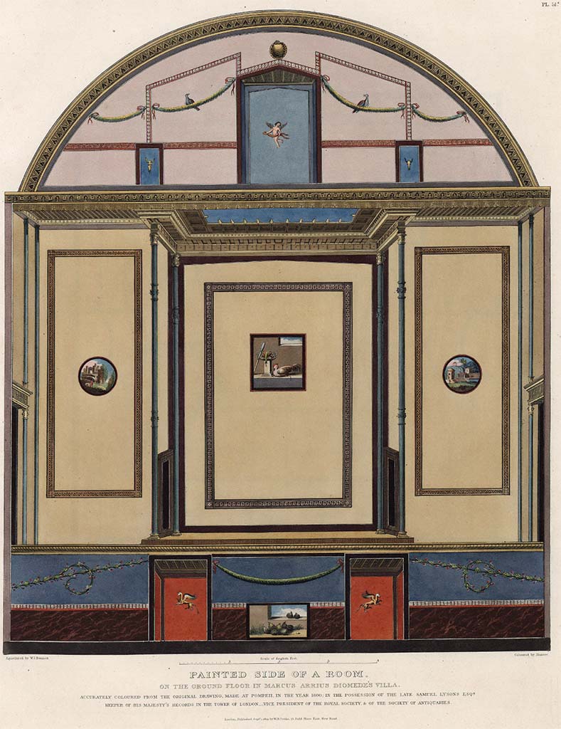 Villa of Diomedes. 1819 painting of the painted side of a ground floor room in the villa.
The note on the bottom says 
“Accurately coloured from the original drawing, made at Pompeii in the year 1800, in the possession of the late Samuel Lysons Esq., Keeper of His Majesty’s Records in the Tower of London, Vice President of the Royal Society and of the Society of Antiquaries”.
See Cooke, Cockburn and Donaldson, 1827. Pompeii Illustrated: Vol. 2. London: Cooke, pl. 50 or 51.