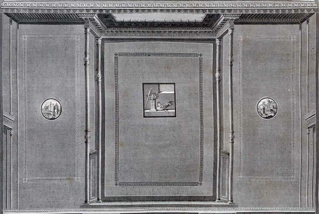 HGW24 Pompeii. Detail of middle section of east wall of triclinium, drawn by Giuseppe Chiantarelli (1793). Engraved by Giuseppe Guerra.
See Gli Ornati delle Pareti ed I Pavimenti delle Stanze dell’Antica Pompei, 1838, (No.13).
(Villa Diomedes Project – area 54).
(Fontaine, room 5,7).