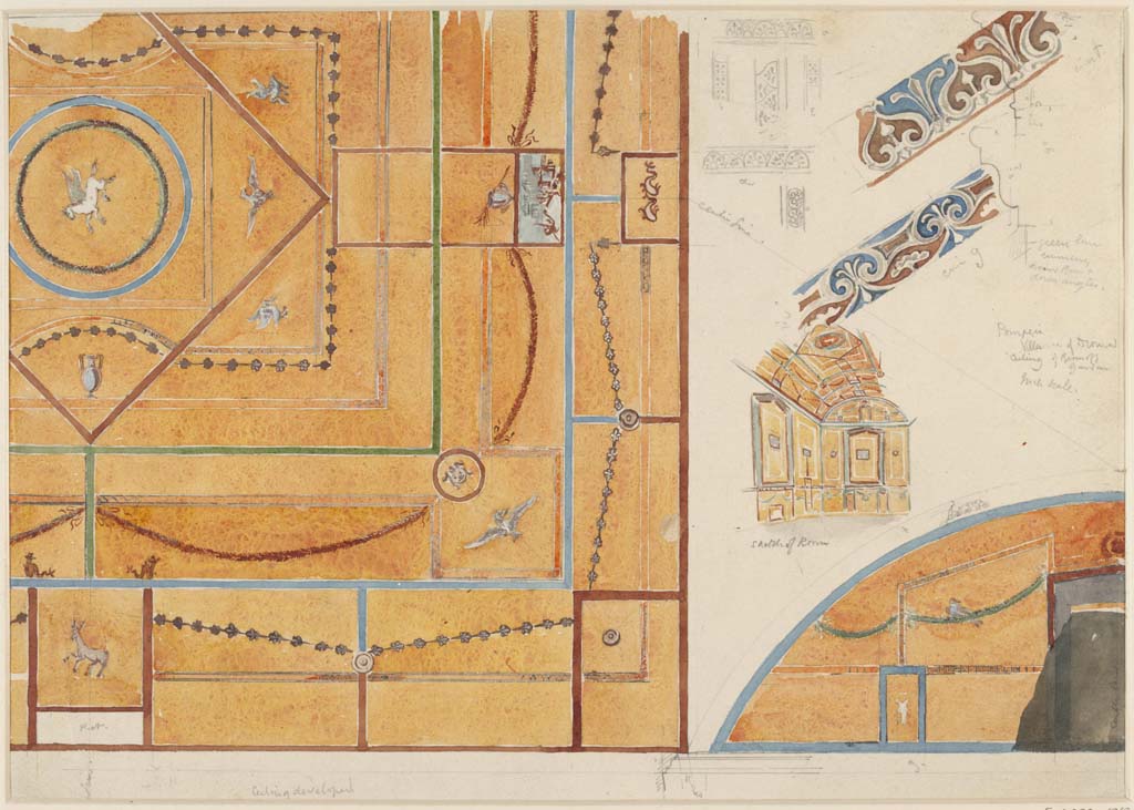 HGW24 Pompeii. c.1870’s. Painting by Sydney Vacher showing barrel-vaulted ceiling of one of the rooms on the lower floor on eastern side of garden.
On the right side are small painted details from the room.
Photo © Victoria and Albert Museum, inventory number E.4390-1910. 
(Fontaine, room 5,7).
