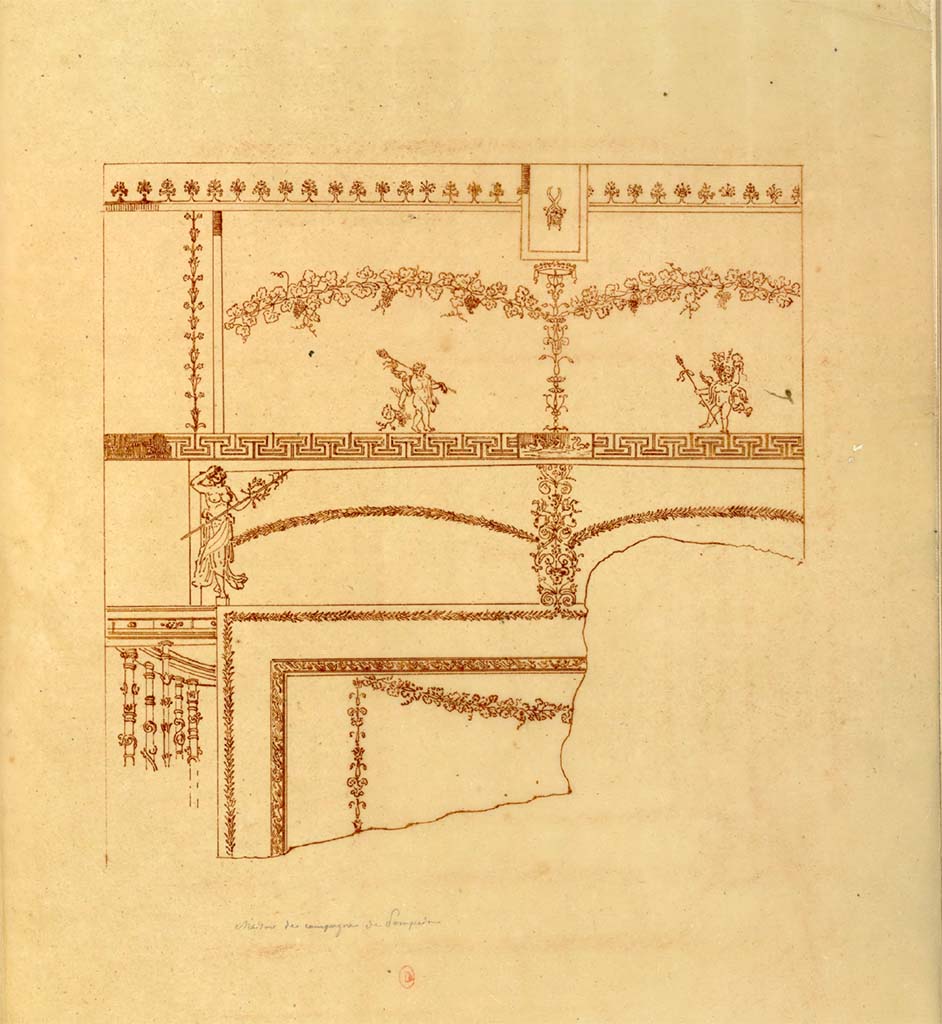 HGW24 Pompeii. Mai 1823? Drawing by Chenavard of part of the detail of a wall from large room on lower level.
Reproduction (technique ?) d'une peinture pariétale de la villa di Diomède (pièce non identifiée)
See Chenavard, Antoine-Marie (1787-1883) et al. Voyage d'Italie, croquis Tome 3, pl. 113.
INHA Identifiant numérique : NUM MS 703 (3). See Book on INHA 
Document placé sous « Licence Ouverte / Open Licence » Etalab   
(Fontaine, room 5,5).