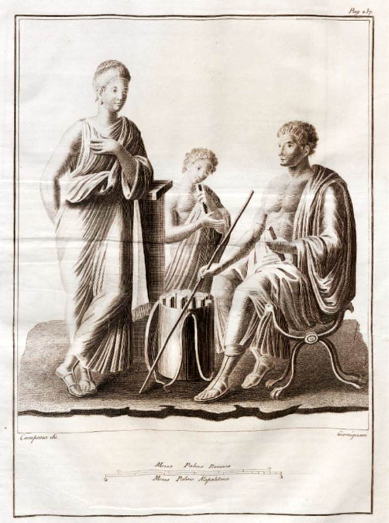 HGW24 Pompeii. Painting from centre of wall with seated man, with baton/stick in his right hand, and paper in his left.
Next to him stands a young person with blonde hair, and a woman with blonde hair leaning on a column.
See Le antichità di Ercolano esposte Tomo 7, Le Pitture Antiche di Ercolano 5, 1775. (p.237, no.53).