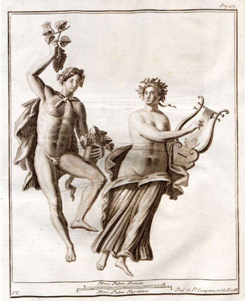 HGW24 Pompeii. 
Painting from “right” end of wall, a young man (almost nude) with blond hair holding a bunch of grapes in one hand and a basket of grapes in the other.
The woman, also semi-nude and with blonde hair crowned with myrtle, plays a lyre with both hands.
See Le antichità di Ercolano esposte Tomo 7, Le Pitture Antiche di Ercolano 5, 1775. (p.163, no.37).