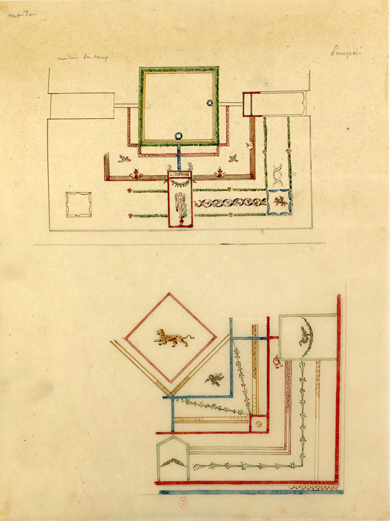 HGW24 Pompeii. c.1817. Watercolour paintings of detail of parts of ceilings, by Chenavard.
The lower painting is showing detail from a vaulted ceiling in a room on east side of garden (Fontaine 5,13)
The upper painting is from the room known as “room k”, on the upper floor.
See Chenavard, Antoine-Marie (1787-1883) et al. Voyage d'Italie, croquis Tome 3, pl. 110.
INHA Identifiant numérique : NUM MS 703 (3). See Book on INHA 
Document placé sous « Licence Ouverte / Open Licence » Etalab