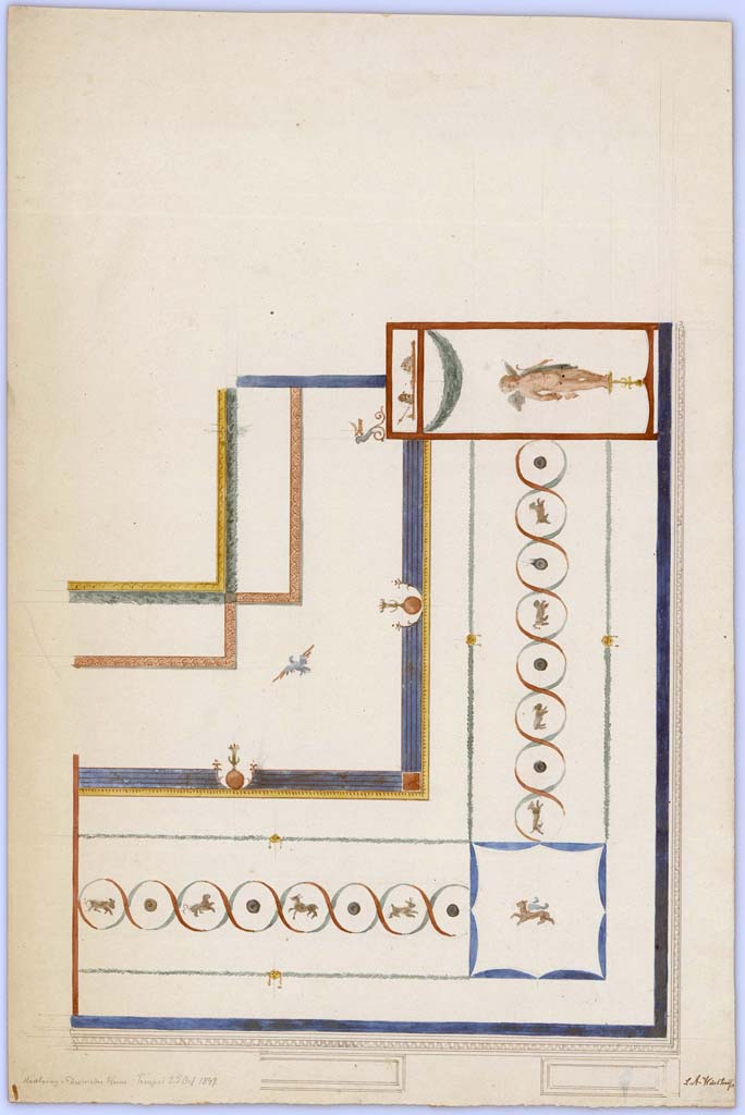 HGW24 Pompeii. 1849. Painting of part of a ceiling by Laurits Albert Winstrup, room k. 
Photo © Danmarks Kunstbibliotek, inventory number ark_6088.