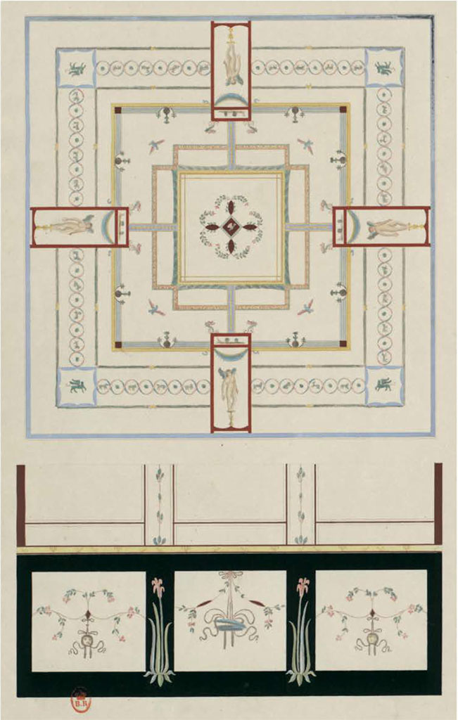 HGW24 Pompeii. Undated painting by Raoul Rochette, of ceiling and zoccolo/dado of an unknown room.
This may possibly be from room k?