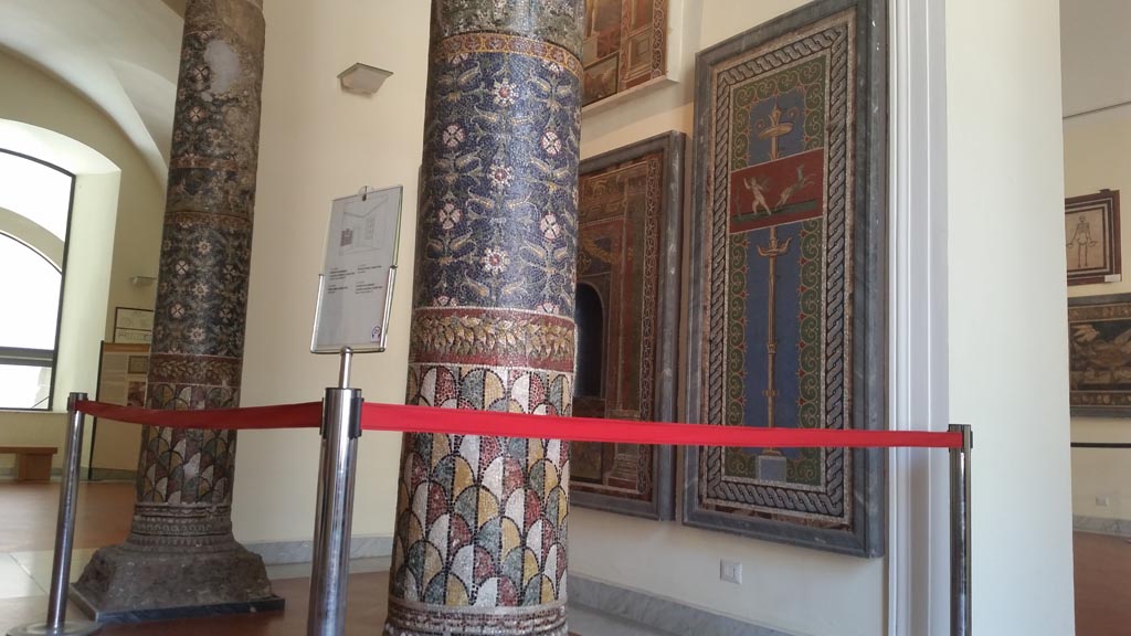 HGE12 Villa of the Mosaic Columns. August 2016. 
Detail of two of the columns on display in Naples Archaeological Museum. Photo courtesy of Maribel Velasco.